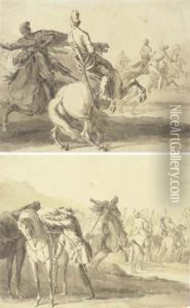 A Cavalry Skirmish; And A Cavalier Mounting His Horse, The Squadronforming Beyond Oil Painting - Georg Philipp I Rugendas