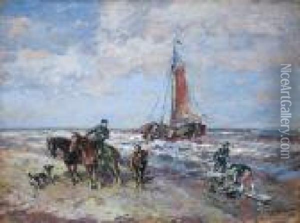 Strandszene Mit Reiter Und Segelschiff Oil Painting - Gregor Von Bochmann