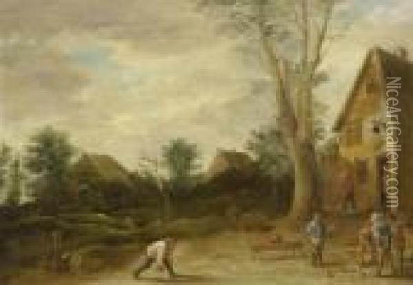 Village Scene With Skittles Players Oil Painting - David The Younger Teniers