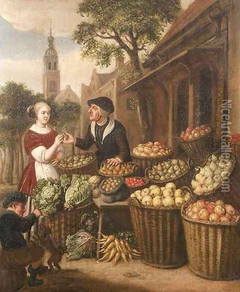 An elegant woman by a fruit and vegetable stall in a town square Oil Painting - Jan Victors