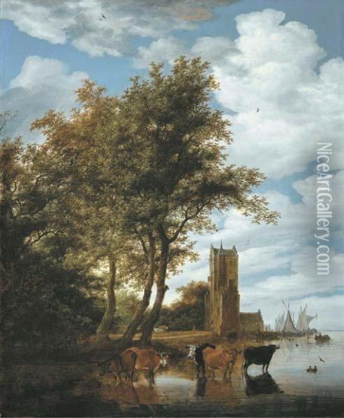 A River Landscape With The 
Pellecussenpoort Near Utrecht, Five Cattle Wading In The Foreground And 
Boats Moored At The Tower Beyond Oil Painting - Salomon van Ruysdael