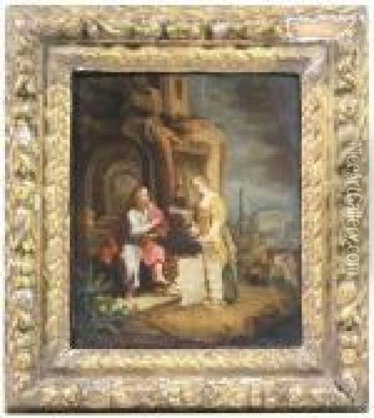 Christ And The Woman Of Samaria. Oil/panel Oil Painting - Rembrandt Van Rijn