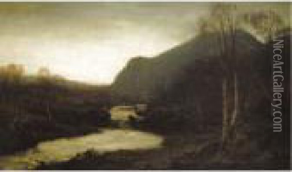 A Highland River At Dusk Oil Painting - David Farquharson