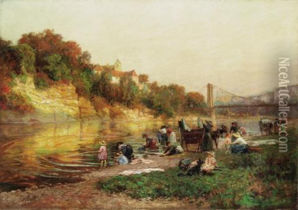 Washerwomen Along The River
Oil On Canvas Oil Painting - Francois Richard De Montholon