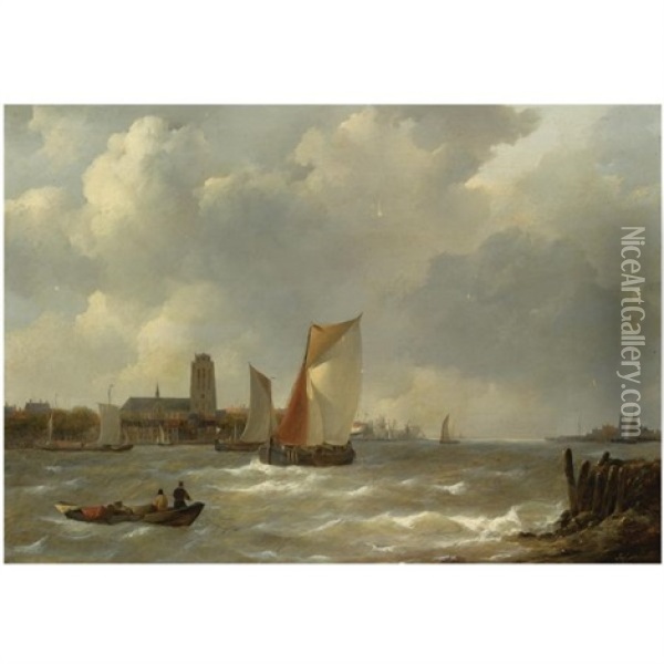 A View On The Merwede, Dordrecht Oil Painting - Johannes Christiaan Schotel