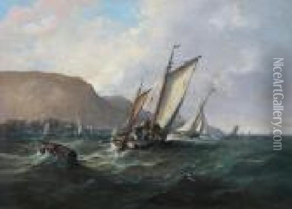 Fishing Boats In Choppy Seas Off A Port Oil Painting - John Moore Of Ipswich
