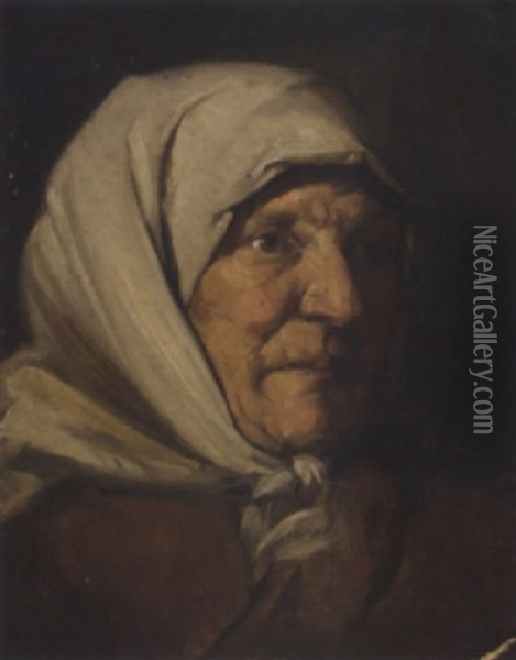 Portrait Of A Peasant Woman Wearing A Head Scarf Oil Painting - Adolf Humborg