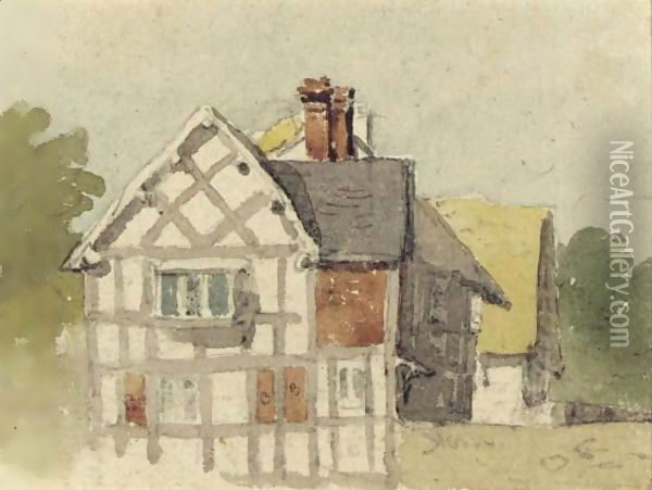 A Half-Timbered Cottage Oil Painting - David Cox