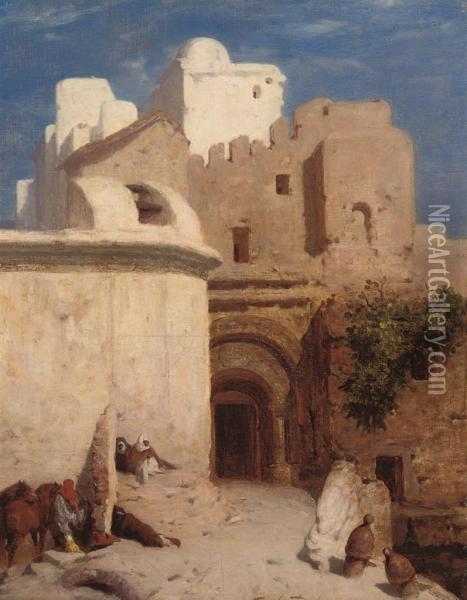 Bedouins Resting At The Gates Of A Fort Oil Painting - Paul Delamain