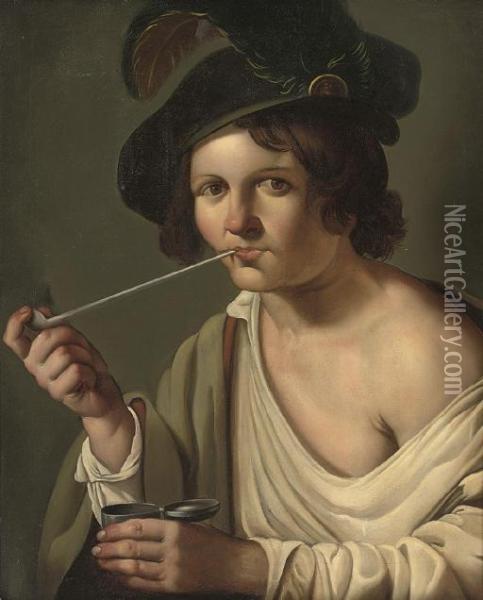 A Young Man, In A Feathered Cap, Smoking A Pipe Oil Painting - Christian Gillisz. Van Couwenbergh