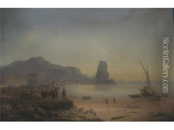Mittelmeerlandschaft Mit Historischer Szenerie Der Italienischen Befreiungskriege Unter Garibaldi Oil Painting - Carlo Bossoli