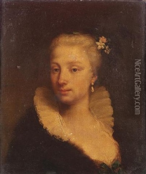 Portrait Of A Lady, Bust-length, In Black Costume, With A White Collar And Flowers In Her Hair Oil Painting - Bartolomeo Nazari