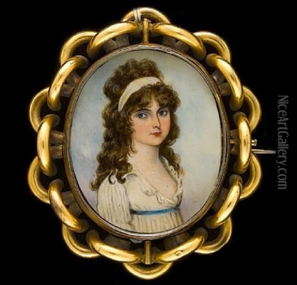 A Lady, Wearing White Dress With Blue Sash, Her Curling Brown Hair Worn Long And Dressed With A Bandeau Oil Painting - Frederick Buck
