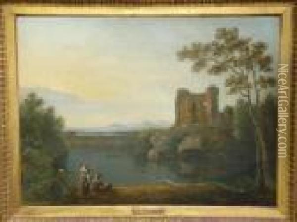 Italianate River Landscape With Figures Seatedon The Bank, Before A Castle Oil Painting - Richard Wilson