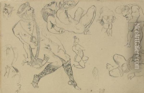 Grotesque Figures, After The Antique (?) Oil Painting - Eugene Delacroix