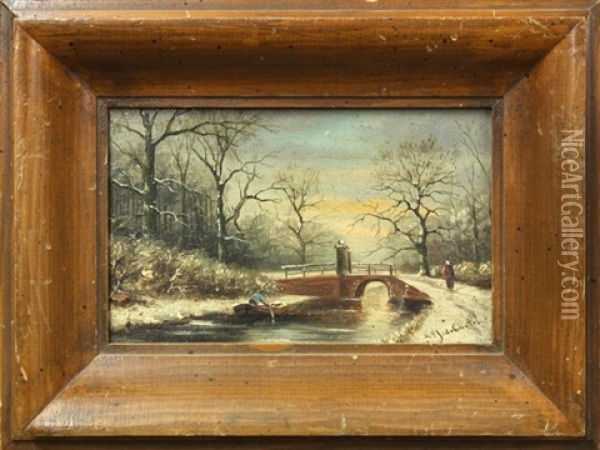 Dutch Winter Landscape With Figure Rowing Boat Oil Painting - Fredericus Jacobus Van Rossum Du Chattel