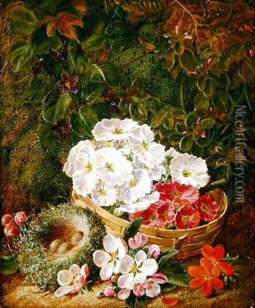 Still Life of Apple Blossom and Violets With Primulas in Wicker Basket Oil Painting - George Clare