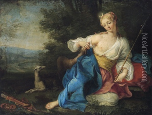 Ritratto Di Dama In Qualita Di Diana: Bildnis Einer Dame Als Diana Mit Hunden In Einer Landschaft Oil Painting - Pietro Dandini