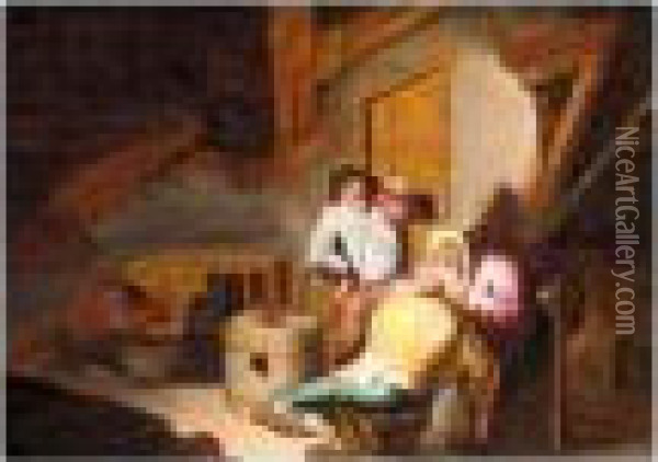 An Interior With A Peasants Drinking Oil Painting - Adriaen van Utrecht