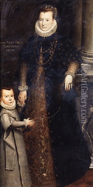 Portrait Of Anna, Viscountess Of Panigarola, Beside A Pillar With Her Child Oil Painting - Lavinia Fontana