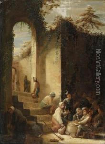 Peasants And Soldiers In A Courtyard Oil Painting - Joos van Craesbeeck