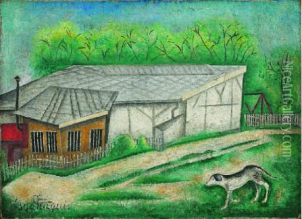 Chien Devant La Maison, Vers 1927 Oil Painting - Sei Koyanagui