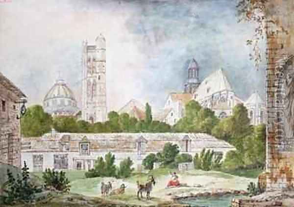 The New Church of Sainte Genevieve and Saint Etienne du Mont Seen from the Ruins of the Abbey of Sainte Genevieve in Paris Oil Painting - Mme. (nee Destours) Duchateau