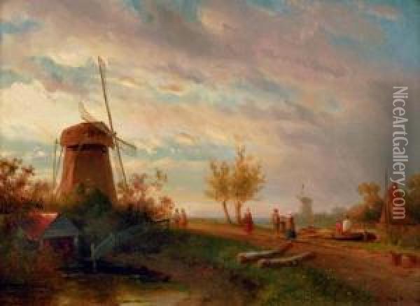 A Summer's Day Along A Waterway Oil Painting - Jacobus Adrianus Vrolijk