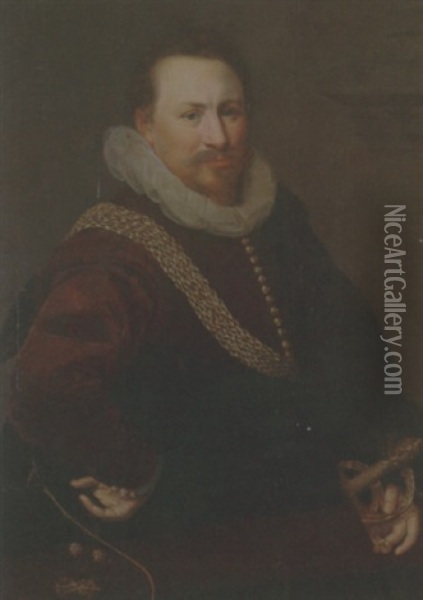 Portrait Of A Gentleman Wearing A Crimson Jacket With A Black Mantle Oil Painting - Gortzius Geldorp