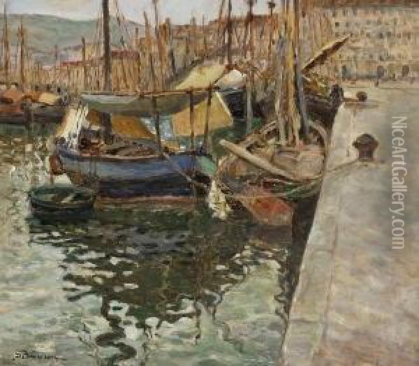 Fischerboote Im Hafen. Oil Painting - Giuseppe Barison