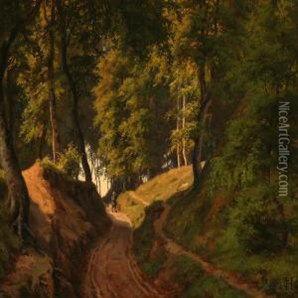 A Hunter On A Forest Road Near Orholm, Denmark Oil Painting - Carsten Henrichsen