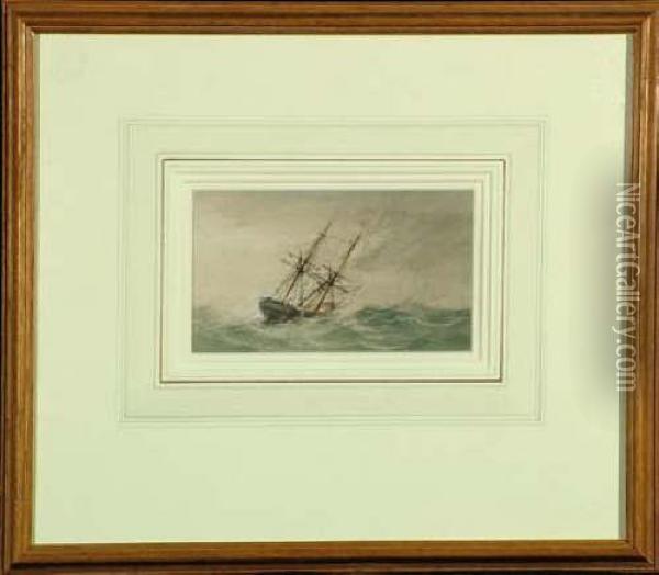 Attributed John Wilson Carmichael 4in. X 7in. A Brig In Heavy Seas Oil Painting - John Wilson Carmichael