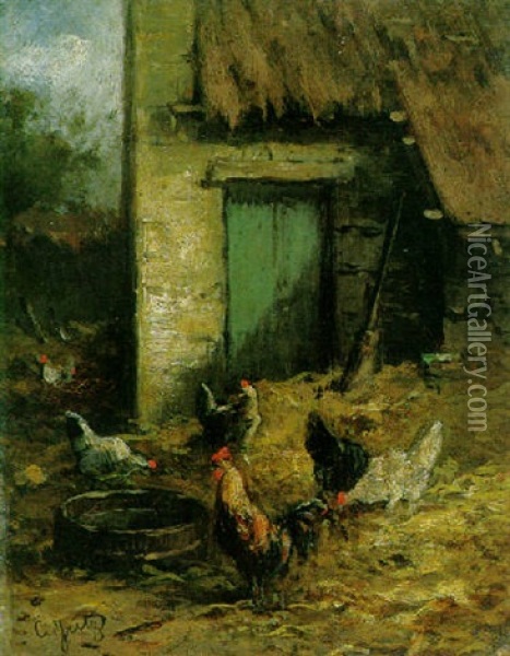 Poultry In A Farmyard Oil Painting - Carl Jutz the Elder