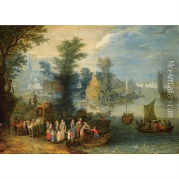 An Extensive River Landscape With Boats By A Village And Travellers On The River Bank Oil Painting - Joseph van Bredael