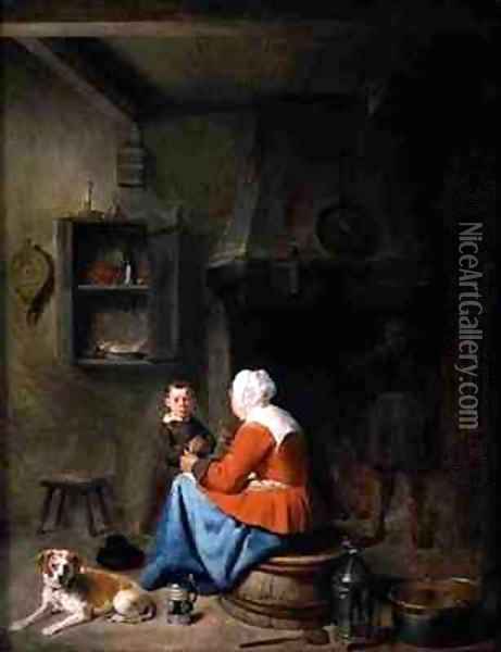 Woman teaching a boy to pray in a kitchen Oil Painting - Pieter Jacobsz Duyfhuyzen