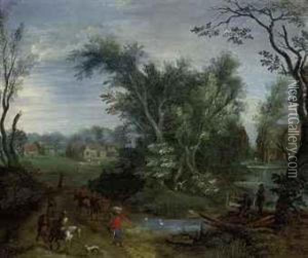 A Wooded River Landscape With Peasants On A Track Oil Painting - Adriaan van Stalbemt