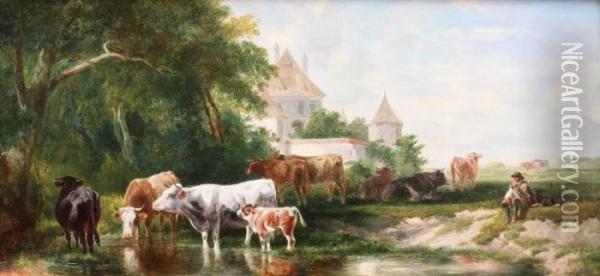 At A Watering Place Oil Painting - Edmund Mahlknecht