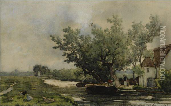 Peasants Near A Farmhouse In A Polder Landscape Oil Painting - Jan Hendrik Weissenbruch