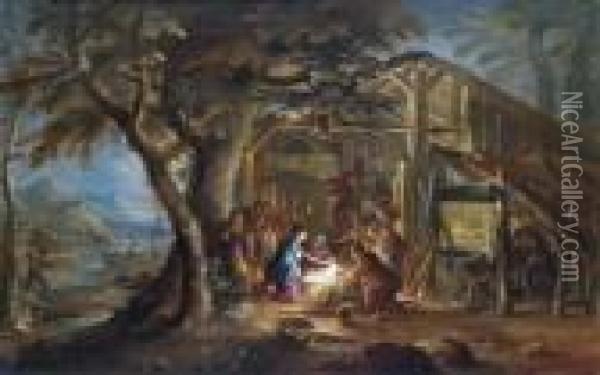 Paesaggio Notturno Con La Nascita Di Cristo Oil Painting - Pieter the Younger Mulier