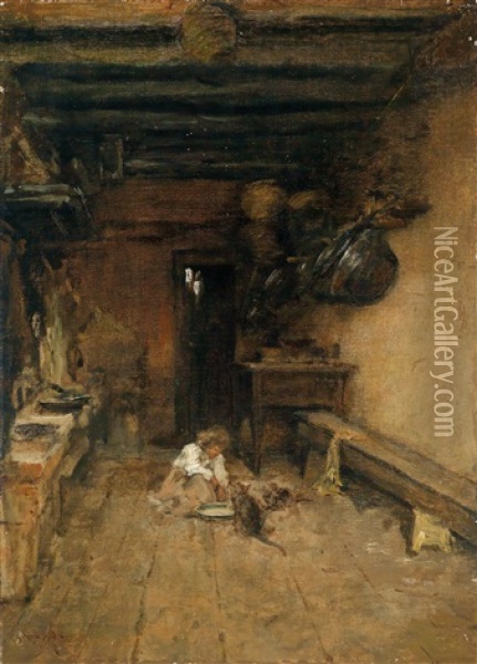 Kitchen In Riva Oil Painting - August Xaver Carl von Pettenkofen