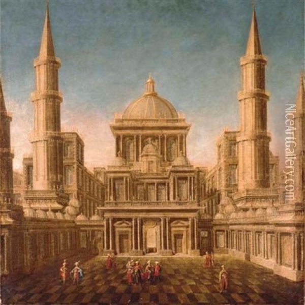 A Stylised Islamic Building With Figures - Scene From An Opera Seria Oil Painting - Francesco Battaglioli