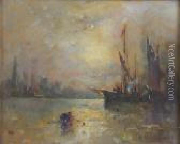Shipping On The Thames, Moonlight Effect Oil Painting - Samuel Bough
