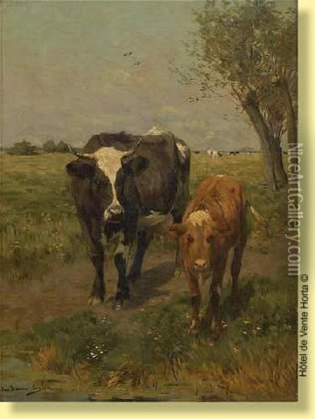 Vacheet Veau Sur Fond De Paturages Oil Painting - Emile Van Damme-Sylva