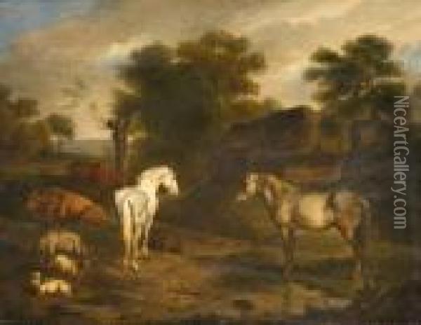 Chevaux Et Vaches Devant Une Ferme Oil Painting - Adrian Van De Velde