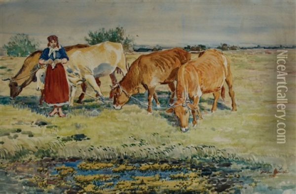 Pasterka Z Krowami Oil Painting - Stanislaw Maslowski