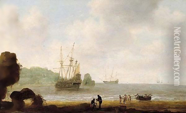 A Tropical Coastal Scene With A Rowing Boat Coming Ashore On A Beach, Other Shipping Vessels Beyond Oil Painting - Gilles Peeters
