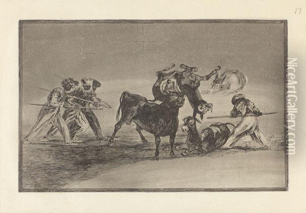 Palenque De Los Moros Hecho Con Burros Para Defenderse Del Toro Embolado Oil Painting - Francisco De Goya y Lucientes