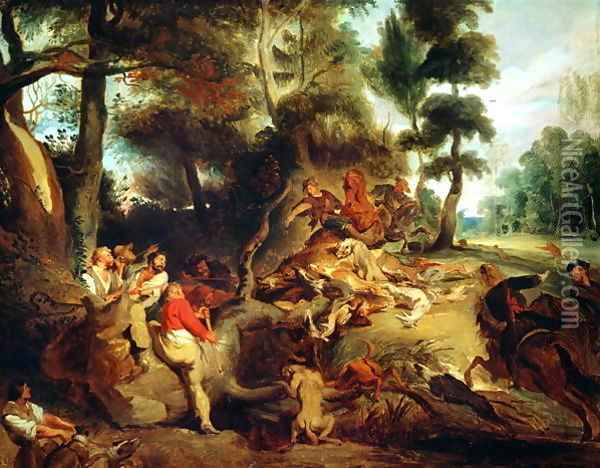 The Wild Boar Hunt after a painting by Rubens 1840 50 Oil Painting - Eugene Delacroix