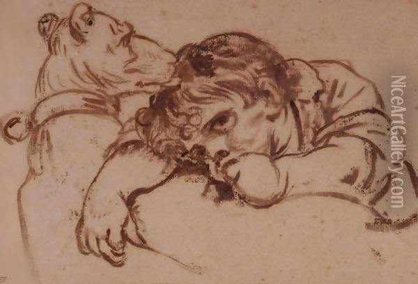 A Boy Resting His Head On A Dog's Back Oil Painting - Jean Baptiste Greuze