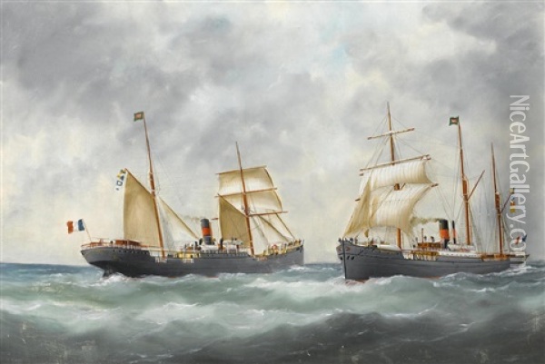 The Ships La Pacifique And Tropique Passing At Sea Oil Painting - Edouard Adam